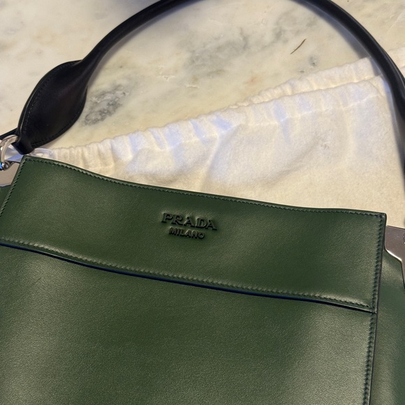 Prada Handbags - Prada Green Leather Shoulder Bag with Black Strap